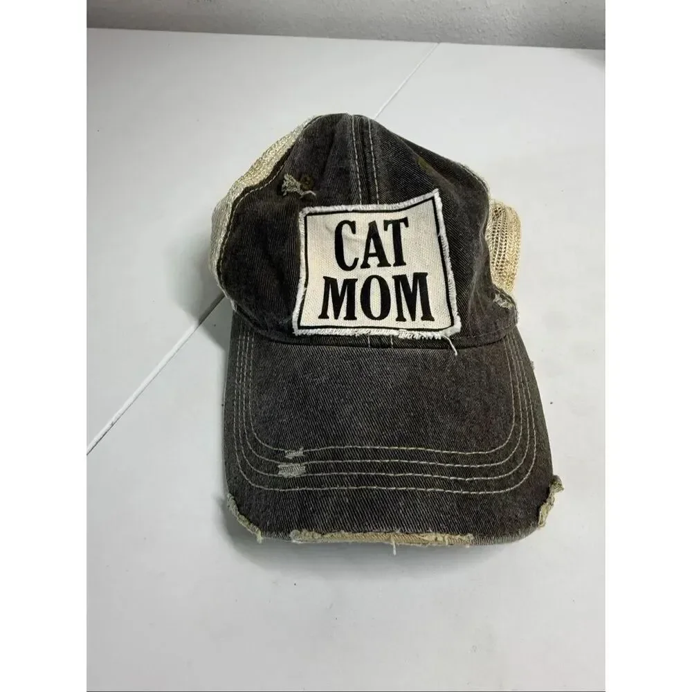 Cat Mom Hat Cap Snap Back Trucker Mesh Distressed Look Brown Beige OSFA Headmost